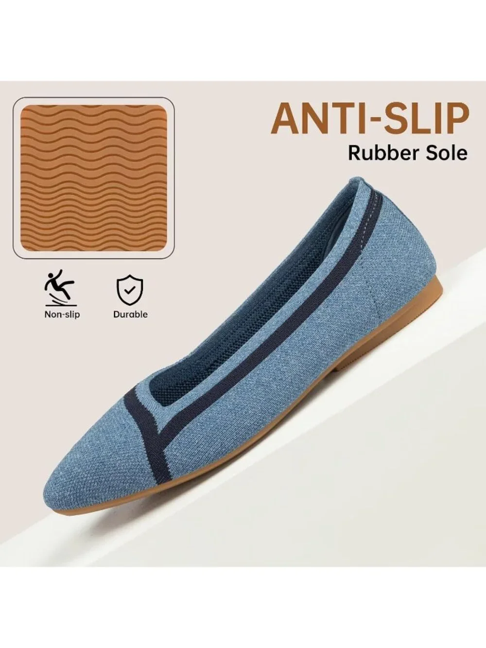 Frank Mully Women's Blue Rubber Knitted Square Toe Comfortable Slip On Flats